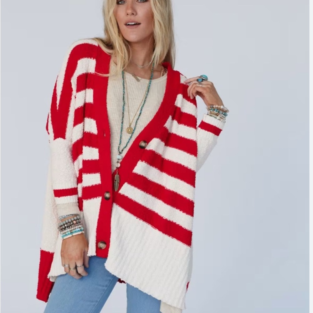 First Love Bold Red and White Striped Cardigan